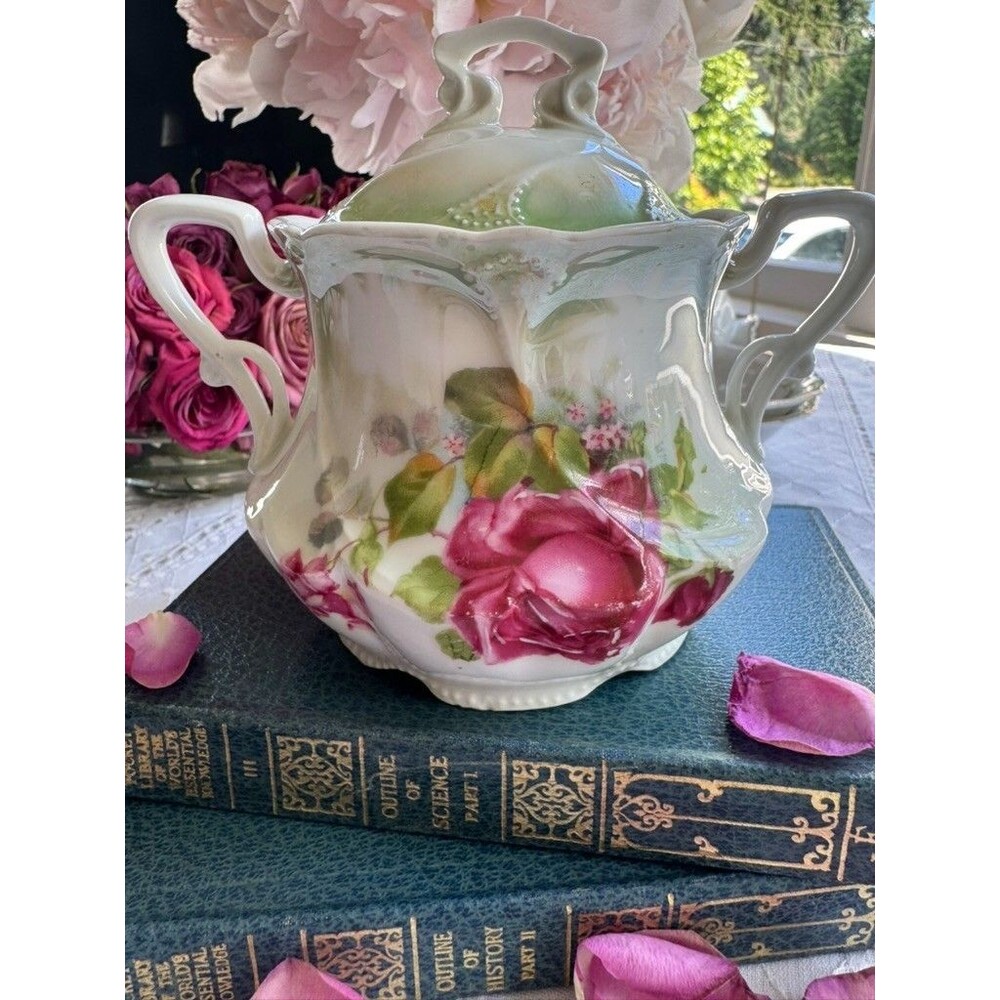 Antique Hand Painted Rose Porcelain Covered Sugar Bowl Art Nouveau Footed - Picture 6 of 16